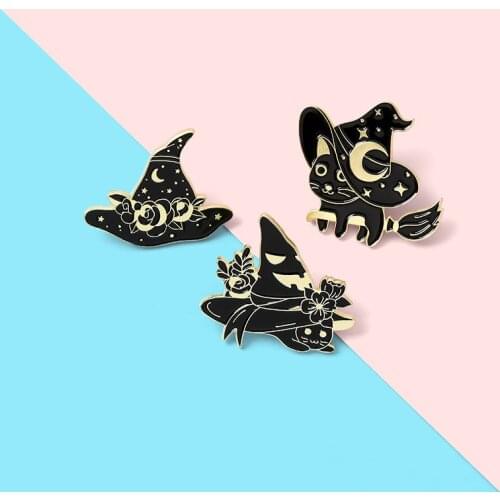 Witch Cats Enamel Pin Custom Starry Wizard Hat Brooch Bag Clothes Lapel Pin Black Gothic Badge Witchcraft Jewelry Gift Friends