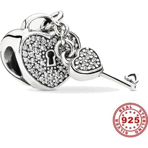 European Silver Color Heart Lock & Key Clear Cubic Zirconia Forever Love Charms fit Original Pandora Bracelets for Women Jewelry