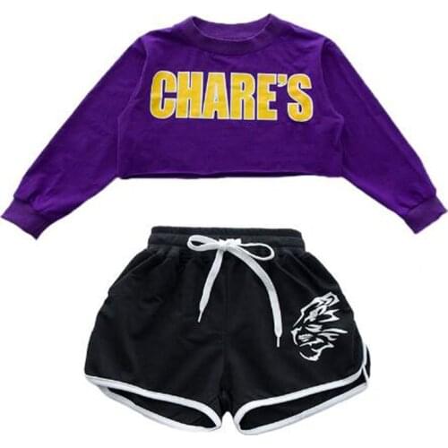 Purple Girls Ballroom Hip Hop Jazz Dancewear Costumes Clothing Children Party Stage wear Performance T Shirt Tops Dress Outfits