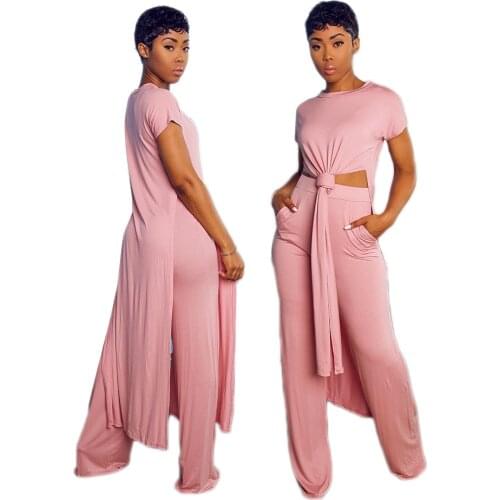 Adogirl Casual Fitness Women Two Pieces Set Short Sleeve High Slit X-Long Tee Top Straight Pants Suit Fashion Solid Women Set