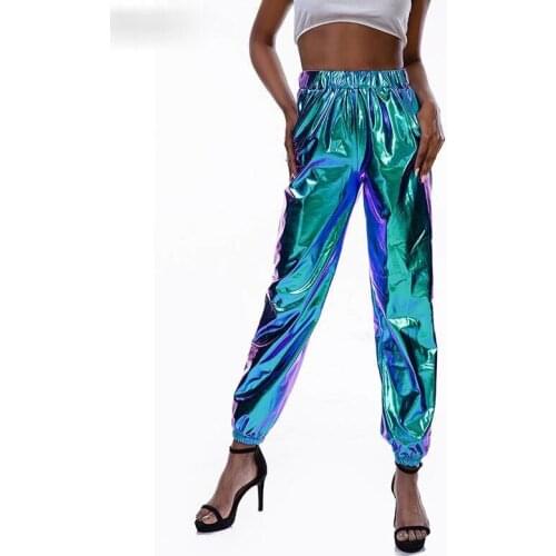 2021 Fashion Trend Futuristic Metallic Trousers Loose Reflective Pants New Hip-hop Womens Side Pocket Leggings New Pants
