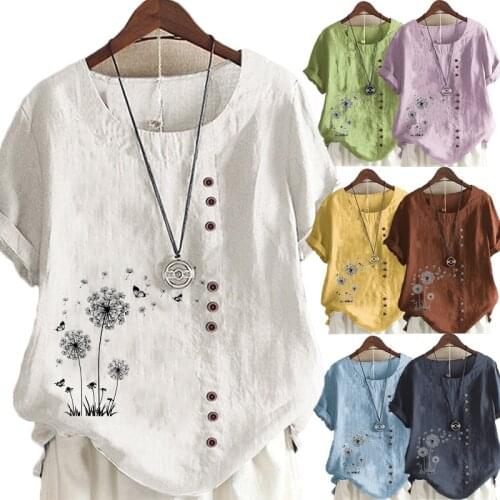 Summer Fashion Womens Print Short-sleeved Round Neck Shirt Ladies Cotton and Linen Button Top Loose T-shirt S-5XL Plus Size Top