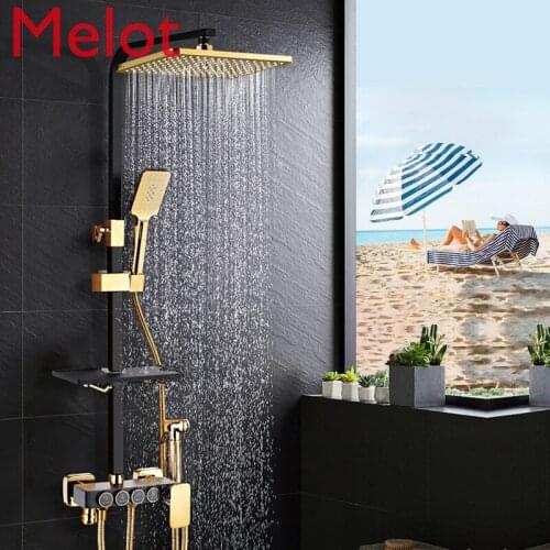 Copper Black Shower Set Home Bathroom Bath Black Golden Flower Wine Intelligent Constant Temperature Shower Rain Bathroom Gold