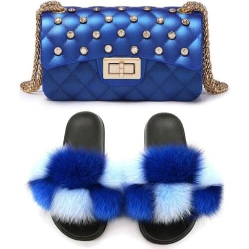 Fashion Fur Slides Jelly Bags Suit Shiny Diamond Bag Fluffy Fur Slippers Set Ladies Plush Furry Fur Beach Flip Flops Purse Match