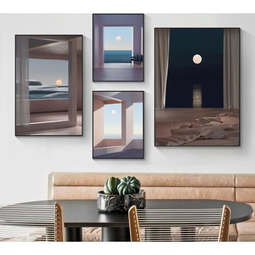 Seascape Sun Moon Canvas Painting Abstract Modern Architecture Wall Art Minimalist Posters and Prints Nordic Pictures Home Decor