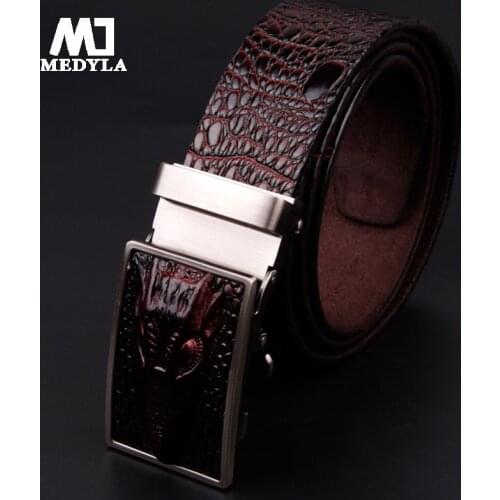 MEDYLA Mens Belt Automatic Buckle Belt Dragon Leather Strap Alligator Stripe Leather Belt