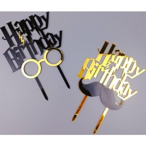 New Acrylic Happy Birthday Cake Topper Beard Glasses Cupcake Topper for Men Boys Birthday Party Cake Decorations Baby Shower