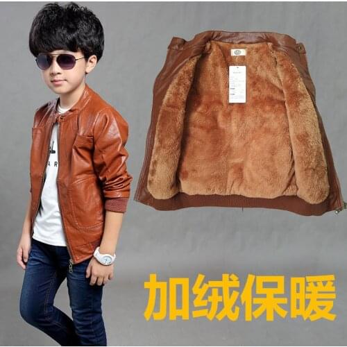 Autumn and winter boys plus velvet padded leather jacket children jacket pure PU leather jacket top children clothes 2021