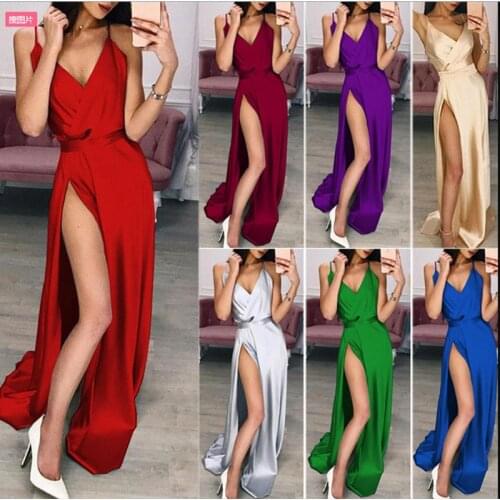 Fashion Hot Sale V Neck Split Strappy Sparkle Slit Formal Evening Party Dress Sexy Silk Sleeveless Women Wedding Long Maxi Dress