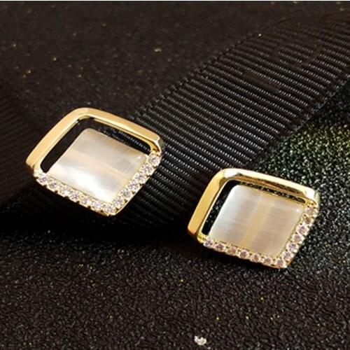 Unique Simple Geometric Square Opal Stud Earrings Bling Iced Out Rhinestone Crystal Female Earrings for Women Girls