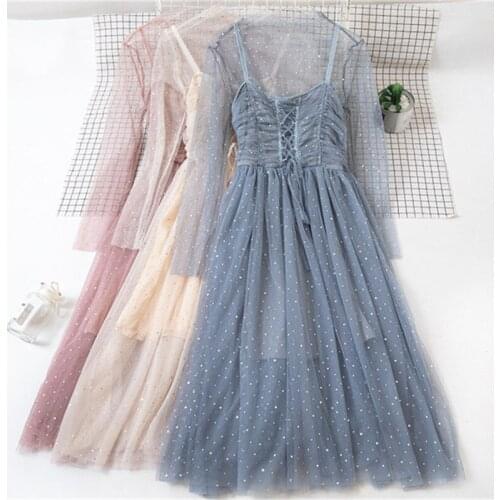 Two Pieces Spring Women Long Spaghetti Strap Dress Sweet Tie Bow Sequined Lace Shirt Female Long Sleeve Mesh Dress Vestidos 1390