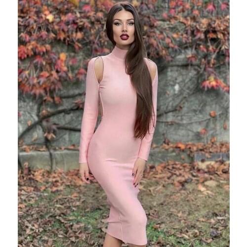 Hight Street Women Autumn Dress 2020 Sexy Full Sleeves Hollow Out Black Bodycon Bandage Dress Designer Evening Party Dress Vest