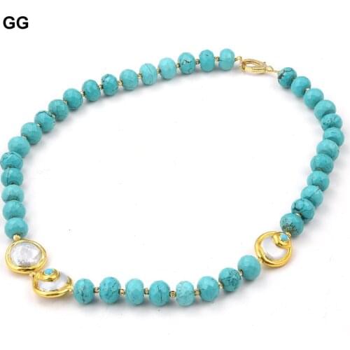 GuaiGuai Jewelry Natural White Coin Pearl Blue CZ Electroplated Blue Turquoises Necklace 25" Punk style For Women