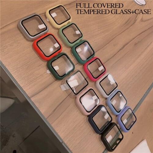Full Cover Protective Case+glass for Apple Watch 44mm 40mm 42mm 38mm matte Plastic frame tempered glass for iWatch 6 5 4 3 SE