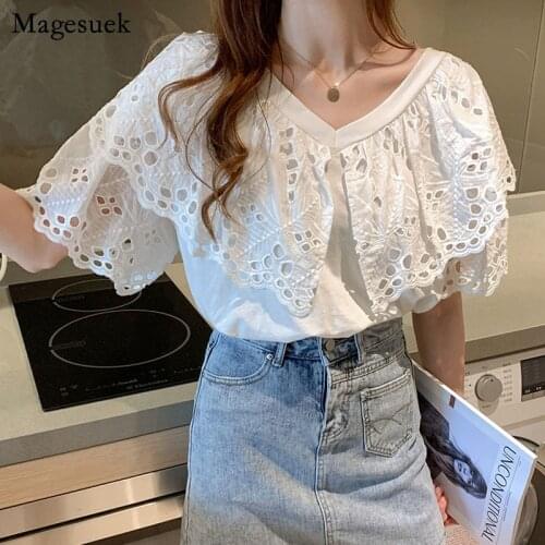 New Summer V-neck Women Tops Chic Crochet Hollow Butterfly Short Sleeve Lace Stitching Blouse Loose White Shirt Blusas 13933
