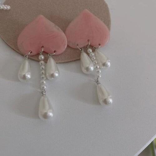 Origin Summer Korean Sweet Pink Love Heart Dangle Earring for Women Fashion Waterdrop Imitation Pearl Tassel Earring Jewelry