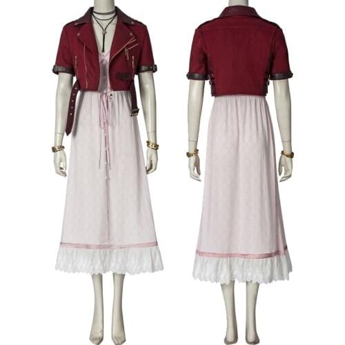 Adult Women Final Fantasy VII Remake Cosplay Costume Aerith Beautiful Dress Halloween Party Outer Wear
