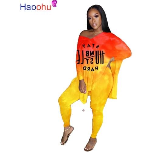 HAOOHU Gradient Tie Dye Black Girl Magic Womens Set Long Sleeve Slit T-shirt Jogger Pants Suit Tracksuit Two Piece Set Outfit