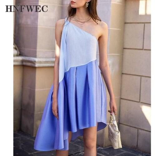 WomenDress Sleeveless One Shoulder Dress Patchwork Asymmetry Summer Dresses Loose Irregular Ladies Dresses 2020 New P247