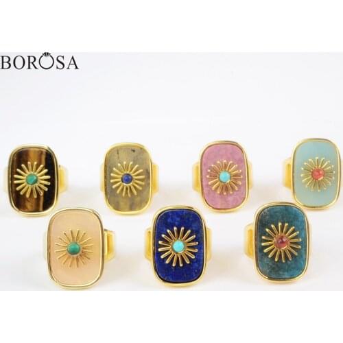 Gold Color Multi-kind Natural Stone Ring High Quality Gems Rings for Women with Flower Metal Paved Women Statement Rings WX1625