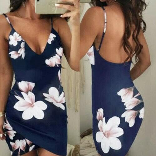 Womens Sexy Sleeveless Mini Dress Floral Strappy V Neck Vestido Bodycon Evening Party Clubwear Short Mini Dress
