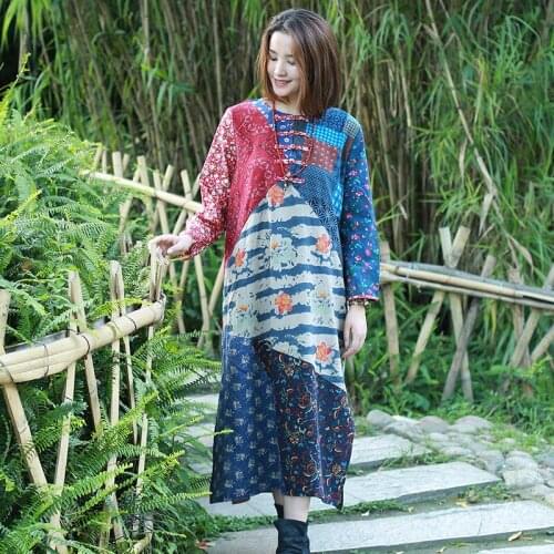 Cotton Linen Womens Spring Dress Chinese Style Stitching Long Dress Bohemian Robe Womens Clothing Summer 2021