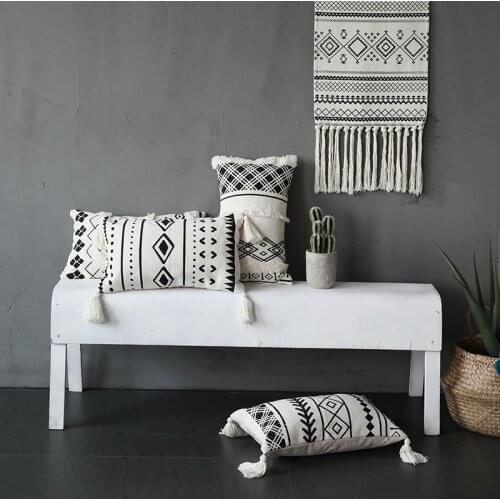 DUNXDECO Cushion Cover Decorative Waist Pillow Case Nordic Geometric White Black Lines Tufted Tassels Modern Sofa Chair Cousin