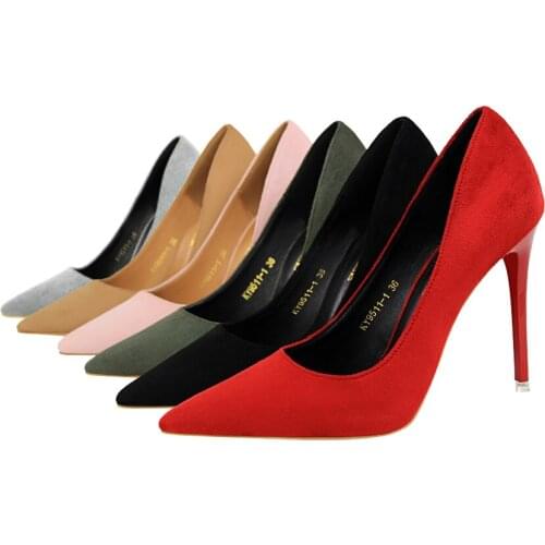 European and American fashion simple thin heel high heel shallow pointed head suede sexy nightclub womens single shoes