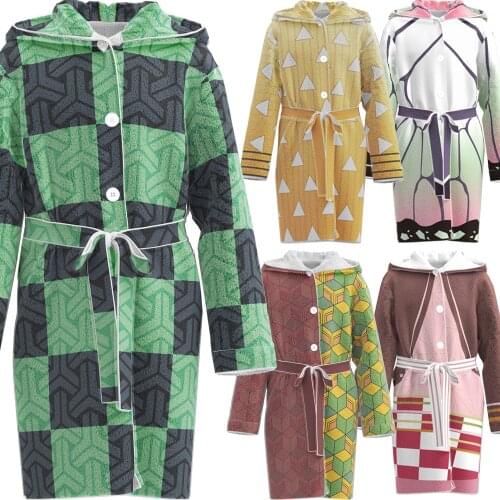Demon Slayer Cosplay Flannel Fleece Robe 3D Print Hooded Night Dress Adult Kids Kimetsu No Yaiba Anime Winter Kimono Pijama