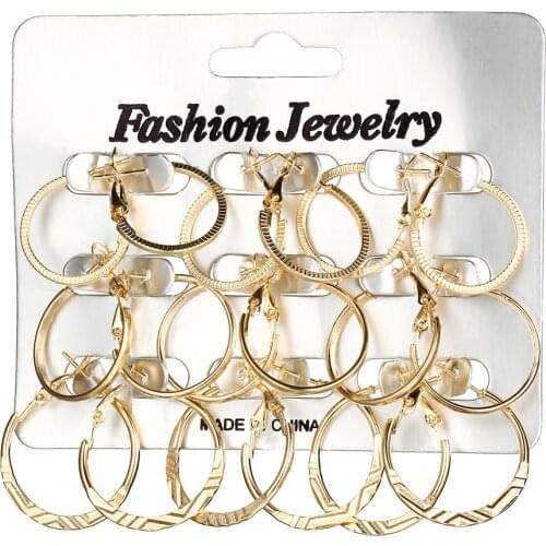 Jouval 9 Pairs/lot Big Circle Stainless Steel Hoop Earrings Set For Women Gold Color Round Hoops Brincos Female Fahsion Jewelry