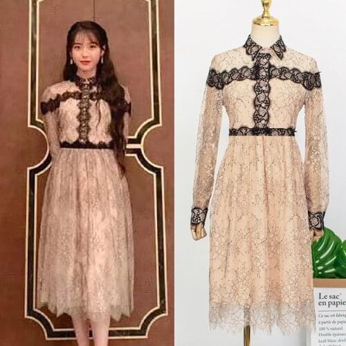 Kpop IU Lee Ji Eun Autumn new fashion lace lapel long-sleeved dress women party temperament elegant mid-length ladies dresses