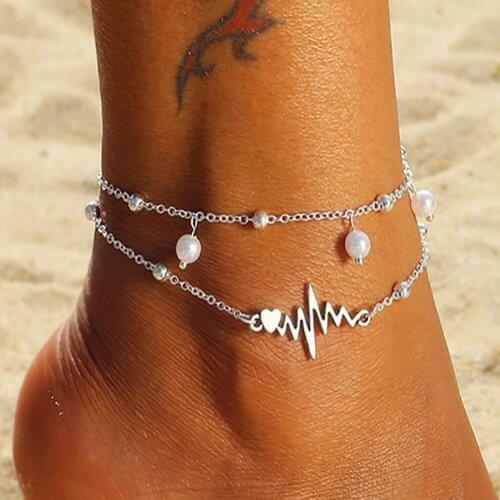Fashion Anklets Bracelet for Ankle Female Simulation Pearl Heart Beads Anklet Women Leg Chain Bohemian Wave Foot Jewelry