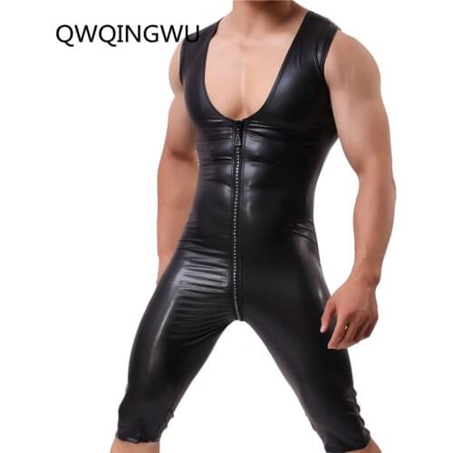 PU Faux Leather Tight Body Underwear Men Shapers Sexy Singlet Bodysuit Wrestling Leotard Male Casual Zipper Underwear Shaper