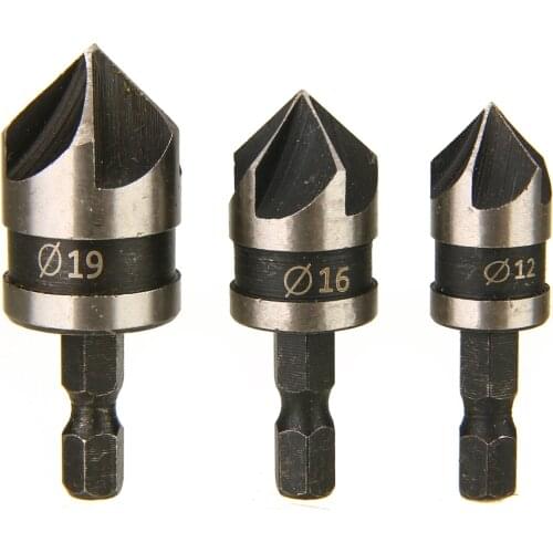 3Pcs 5 Flute Countersink Drill Bit Set 90 Degree Woodworking Drill Bit Cutter 1/4" Hex Shank For Wood Metal 12/16/19mm