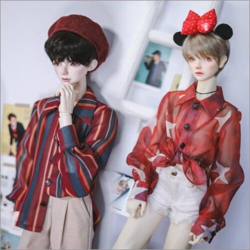 New BJD Doll Clothes Red Shirt Side-Slit Chiffon Lantern-Sleeve Top Striped/Star 2-Suitable for 1/4 1/3 Uncle Doll Accessories