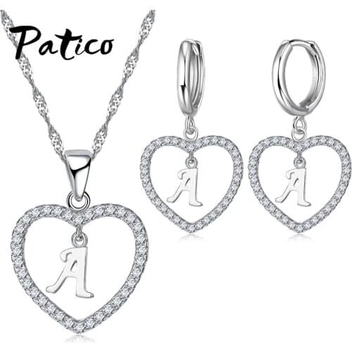 New Arrival Real 925 Sterling Silver Jewelry Sets For Women Heart with Letter A to Z Style Pendant Necklace Earrings