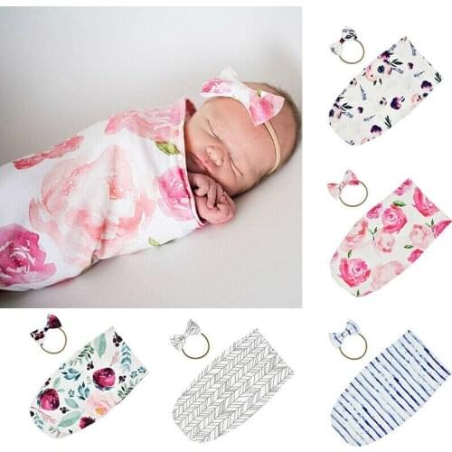 Newborn Baby Infant Floral Swaddle Sleeping Bag Sack Muslin Wrap Headband Set Photoprop