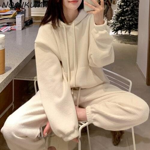 Nomikuma Autumn Causal Women Sweatshirt Pants Sets Long Sleeve Drawstring Hooded Hoodies + Lace Up Waist Harem Long Pants 6Z515