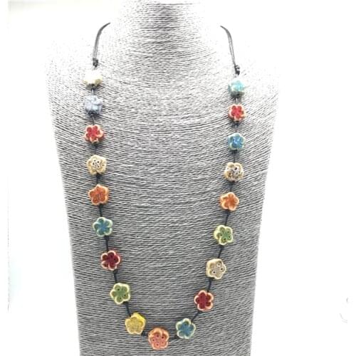 Bohemian Adjustable Colorful Ceramic Flower Knotted Long Necklace for Women Heart Statement Necklace Women Gifts for Mother