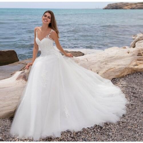 Beach Wedding Dresess Tulle Gowns White Appliques Illusion Design Bridal Dress Marriage 2020