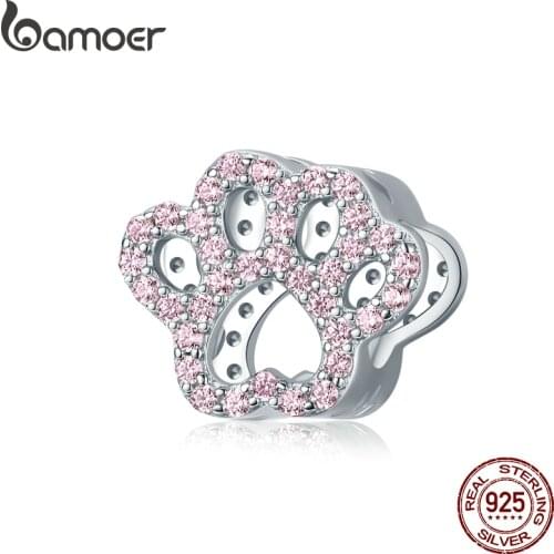 Bamoer 925 Sterling Silver Pet Cat Paw Footprint Bead Charm for Bracelet DIY Jewelry Making Luxury Brand Jewelry BSC164
