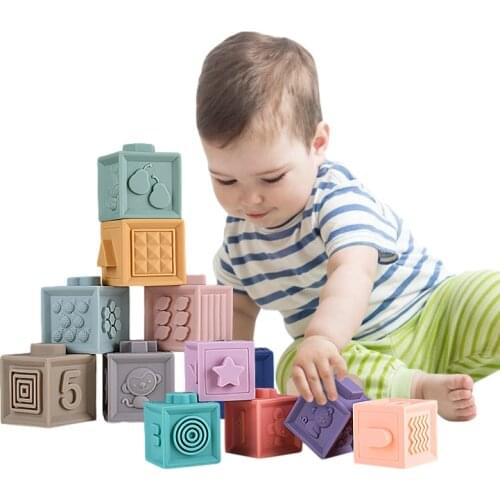 Silicone Building Block Toys Baby Sensory Early Educational Squeeze 3D Blocks Toy DIY Puzzle Montessori Rattle Teether for Kids
