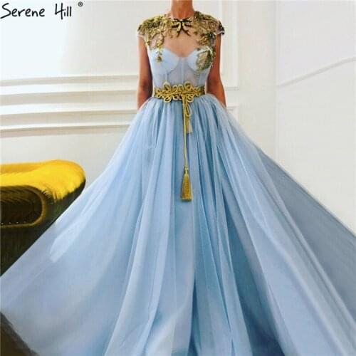 Blue O-Neck Sequined Sashes Sexy Evening Dresses 2020 Sleeveless A-Line Tulle Formal Dress Serene Hill DLA60863