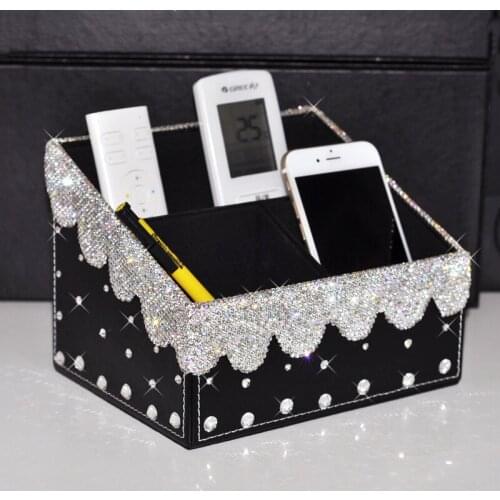 Trapezoid Rhinestone Leather Sorting Box Candlestick Wedding Party Desktop Ornament Cosmetic Brush Storage Sundries Case