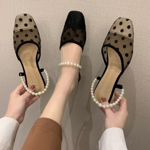 Half slippers summer new Korean version of wild mesh square toe high-heeled Muller shoes fashion polka dot pattern womens shoes