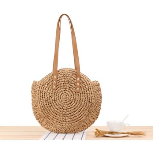Vintage Hand-woven Round Womans Shoulder Bag Handbag Bohemian Summer Straw Beach Bag Raffia Rattan Bags Vacation Casual Bags