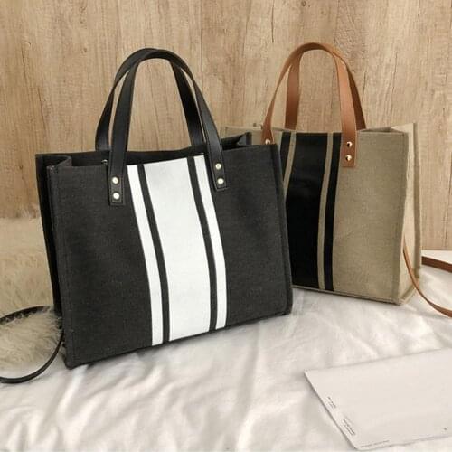 Women Stripe Color Block Canvas Bag Large Capacity Tote Shoulder Crossbody Pouch