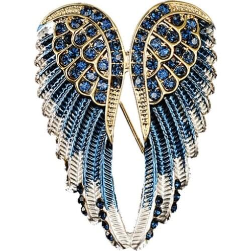 Retro Angel Wing Brooch Pin Blue Rhinestone Female Korean Fashion Suit Enamel Lapel Pins Metal Brooches Women Men Accessories