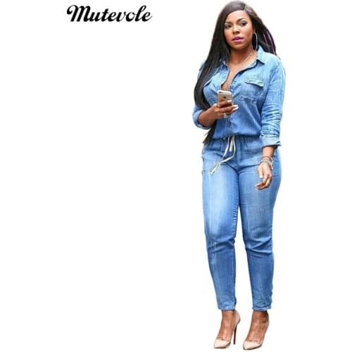 Mutevole Plus Size Autumn Drawstring Denim Jumpsuit Women Long Sleeve Bodycon Jeans Overalls Turn Down Collar Button Jumpsuit