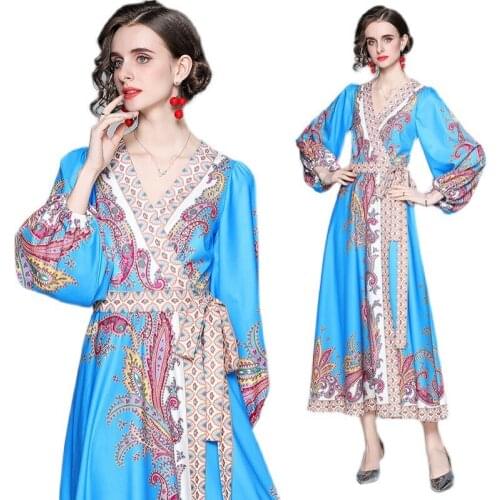 MCK-A474 Women Dress Floral Printed Blue Puff Long Sleeve High Quality Slim Retro Australian High Quality Party Formal Dress